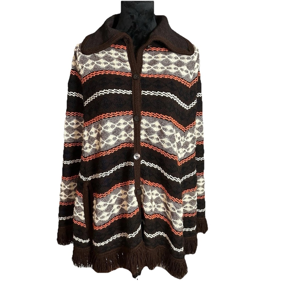 Vintage Poncho M Bohemian Knit‎ Sweater Cape Shawl Fringe 70's Brown Striped USA